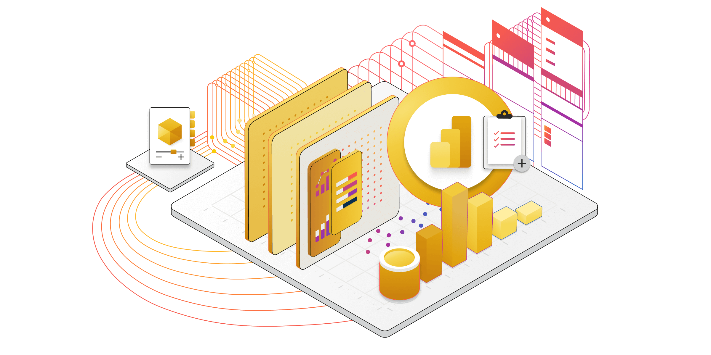 Ilustrasi isometrik komponen teknis untuk layanan Power Bi.